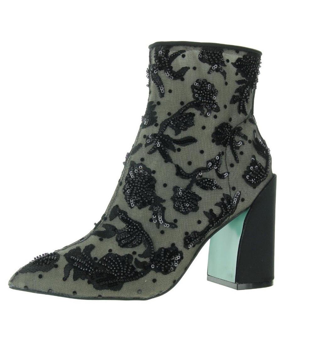 Betsey Johnson Merri Women's Ankle Boots 5.5 Beaded Mesh Block Heel Booties NEW